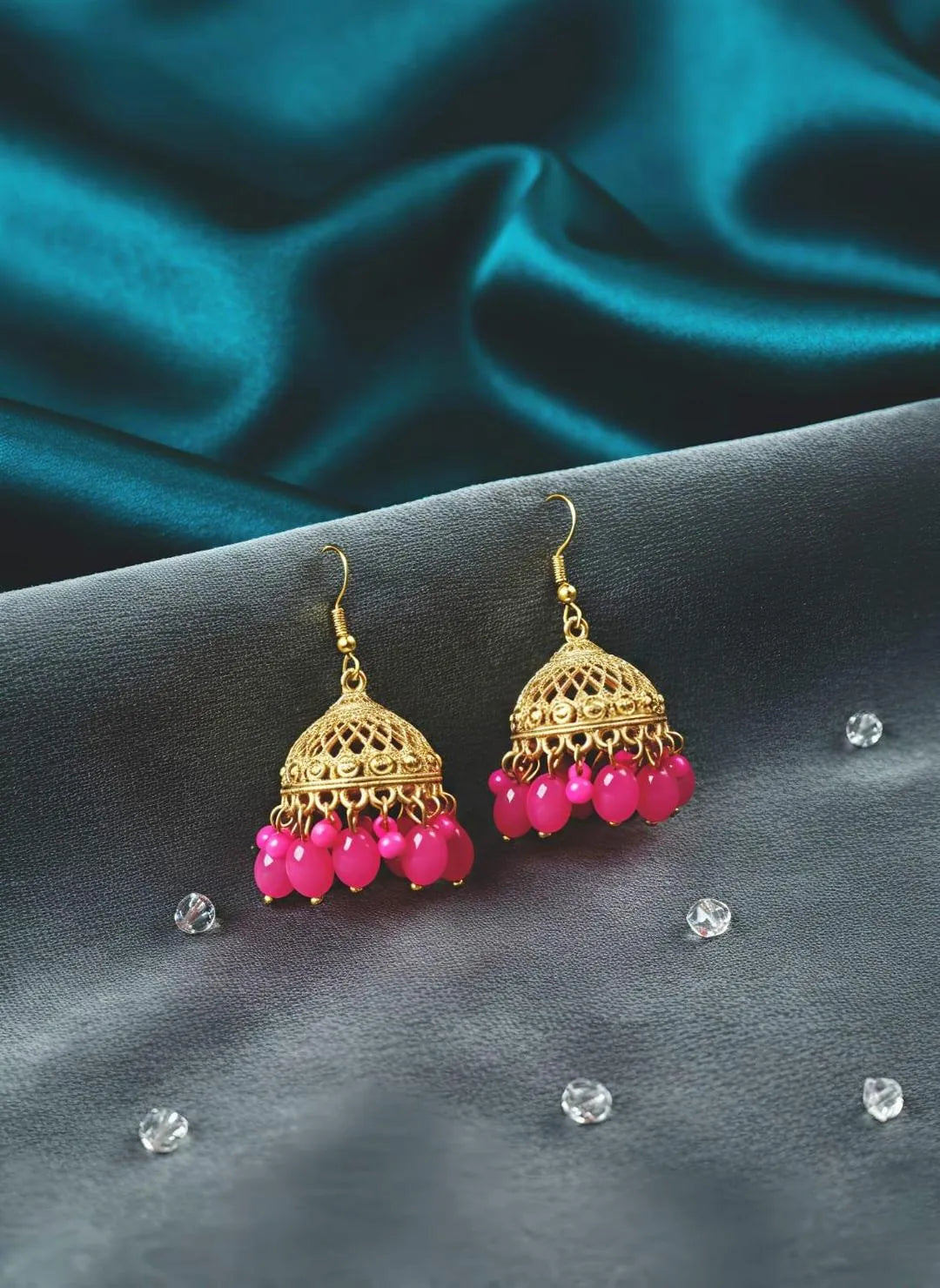 Fancy Gold Plated Crystal Jhumka for Women Wedding Partywear 2 Pcs