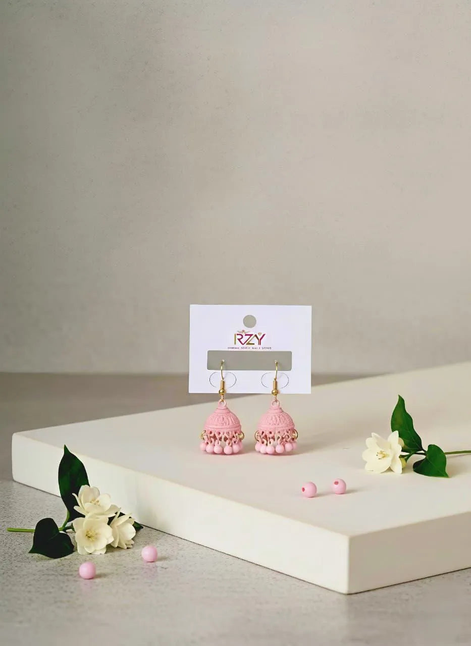 Pink Gold Plated Crystal Jhumka Earrings 2 Pcs