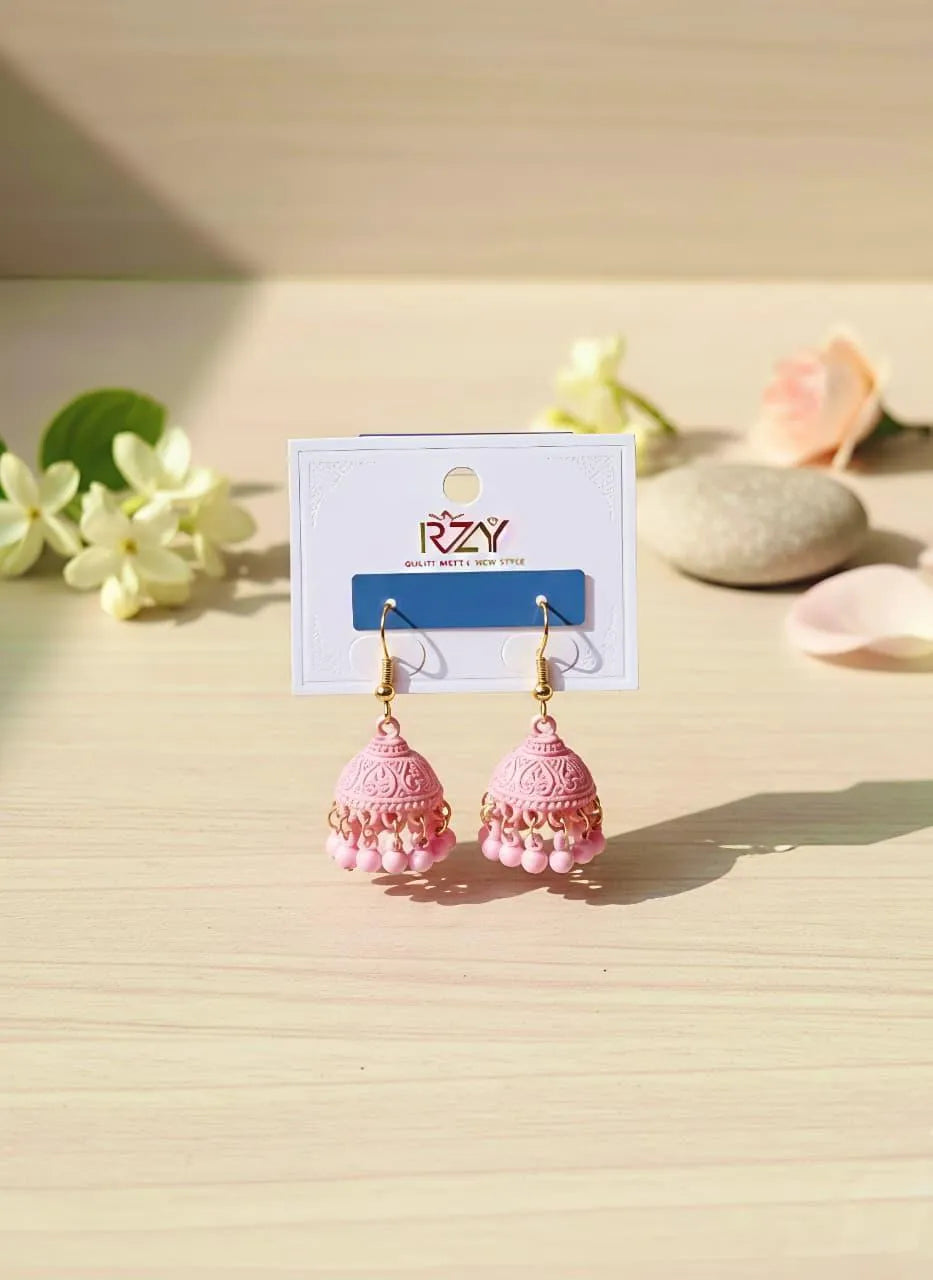 Pink Gold Plated Crystal Jhumka Earrings 2 Pcs