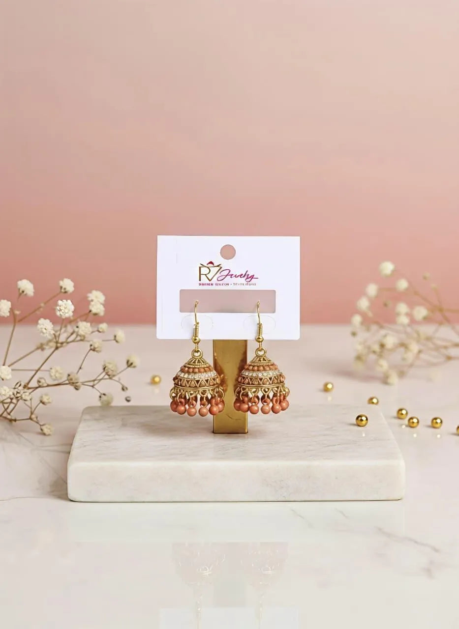 Gold Plated Crystal Jhumka Earrings for Women Brown 2 Pcs