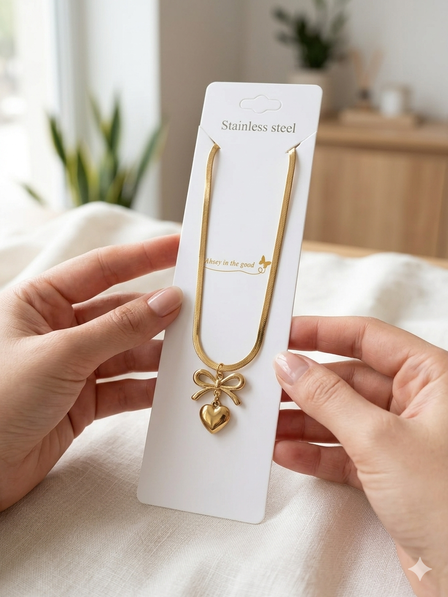 Elegant Bow & Heart Stainless Steel Gold-Plated Chain Necklace